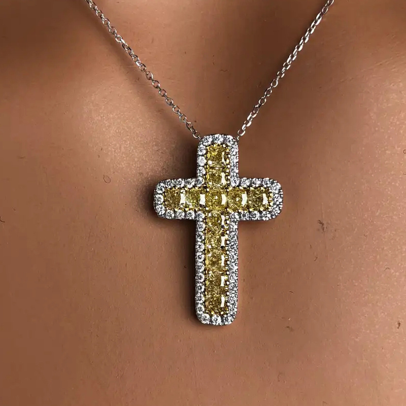 Luxury Baguette Cut Yellow Zirconia Cross Pendant Necklace